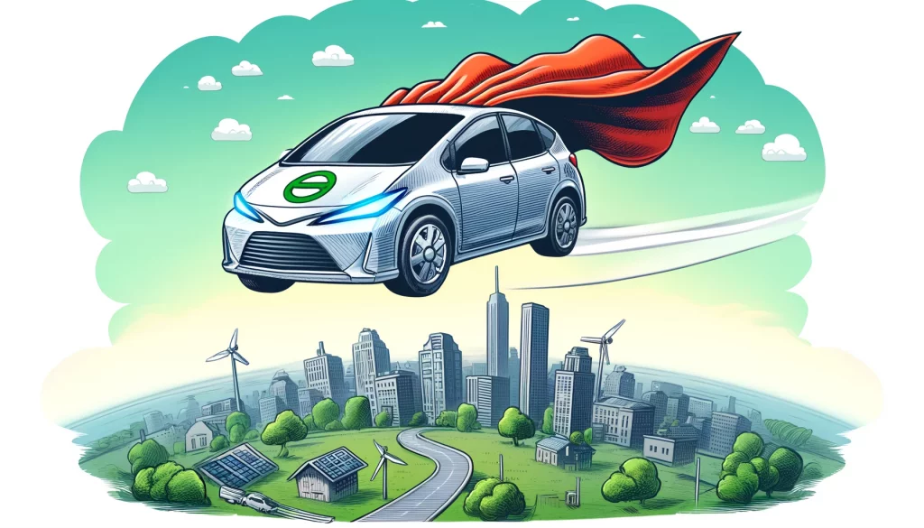 Caricature of a car superhero flying over a green city, symbolizing its role in promoting environmental conservation.