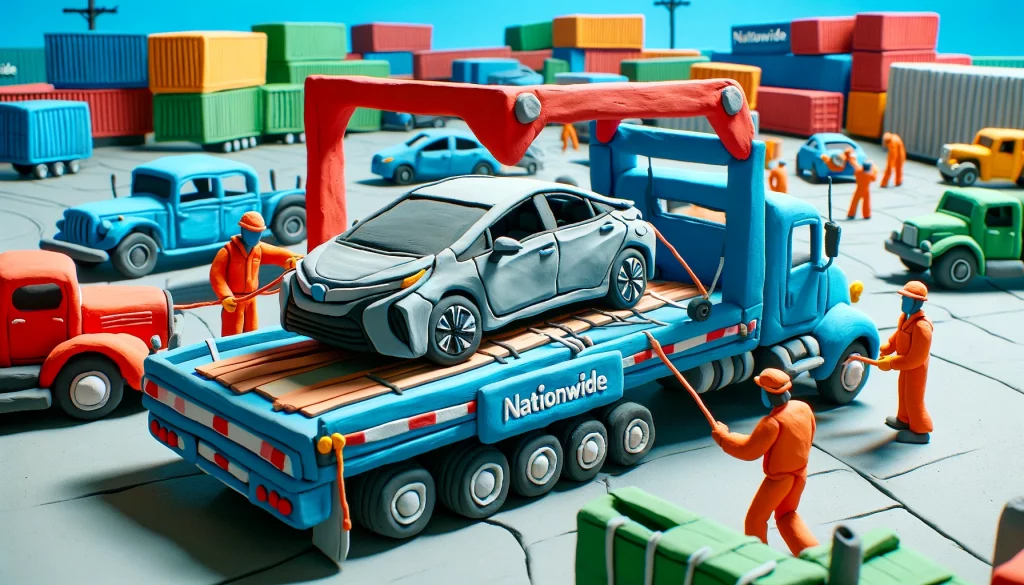 Colorful claymation scene showing a car being secured on a Nationwide carrier in a busy shipping yard, emphasizing safe and professional car transport.