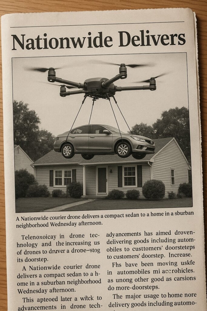 a Newspaper article about a drone delivering a car
