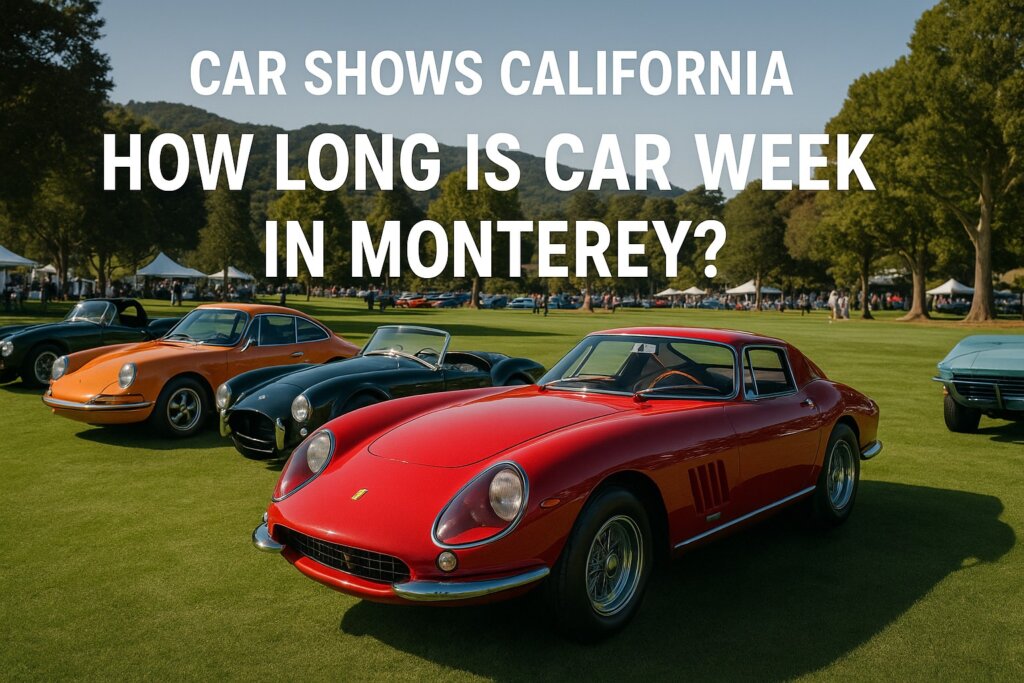 A Jaguar E-type at a car show in Monterey, flanked by other classic and vintage cars.