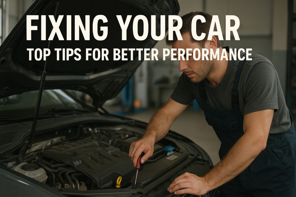 Car Maintenance Tips - a mechanic working on an engine with car hood open.