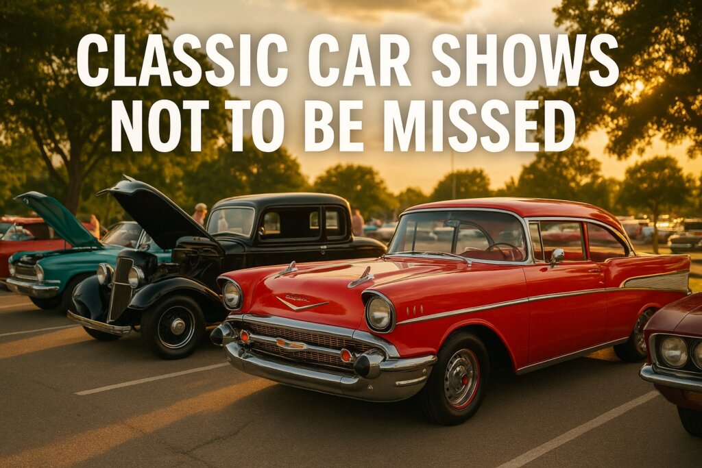 An array of classic and vintage cars at sunrise at an American classic car show