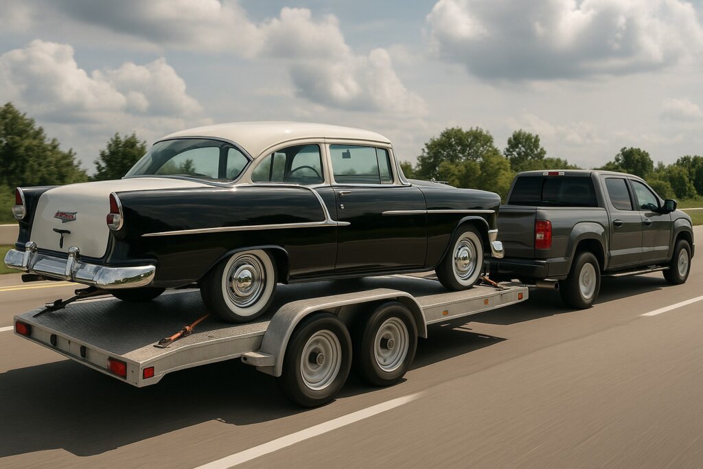a Black and white Plymouth being transported on a trailer pulled by a pickup truck.