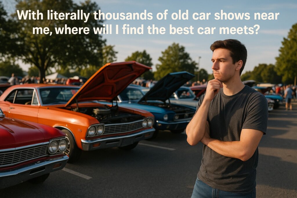 A young man contemplating buying a muscle car at a car show. You see vintage cars with their hoods up in the background.