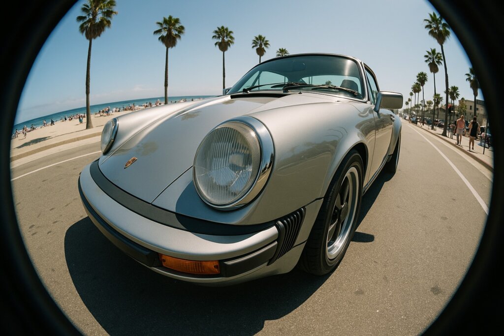 a close-up, fish-eye photo of a classic sports car parked by a busy California beach.