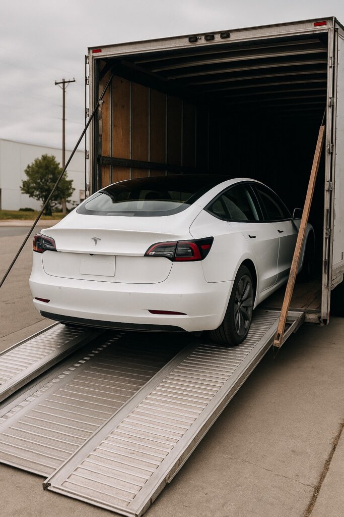 Enclosed electric vehicle auto transport for EV safety in transit